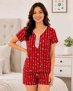 Classic Stripe Short Night Suit in Red Color