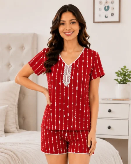 Classic Stripe Short Night Suit in Red Color