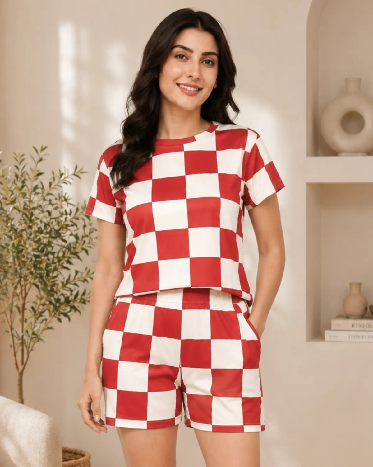 Women's Red Checkerboard Night Suit Set
