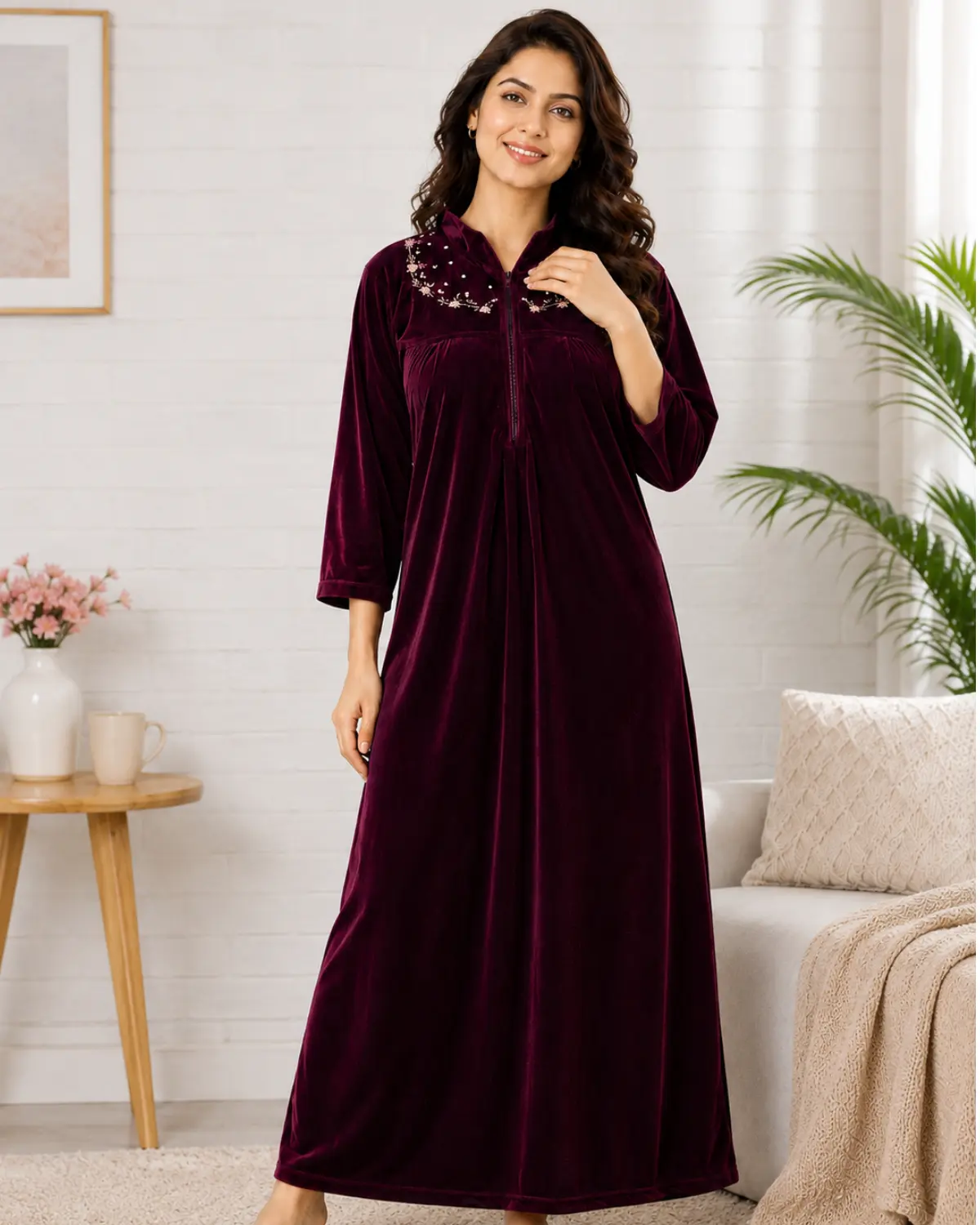 wine velvet nighty for women front view
