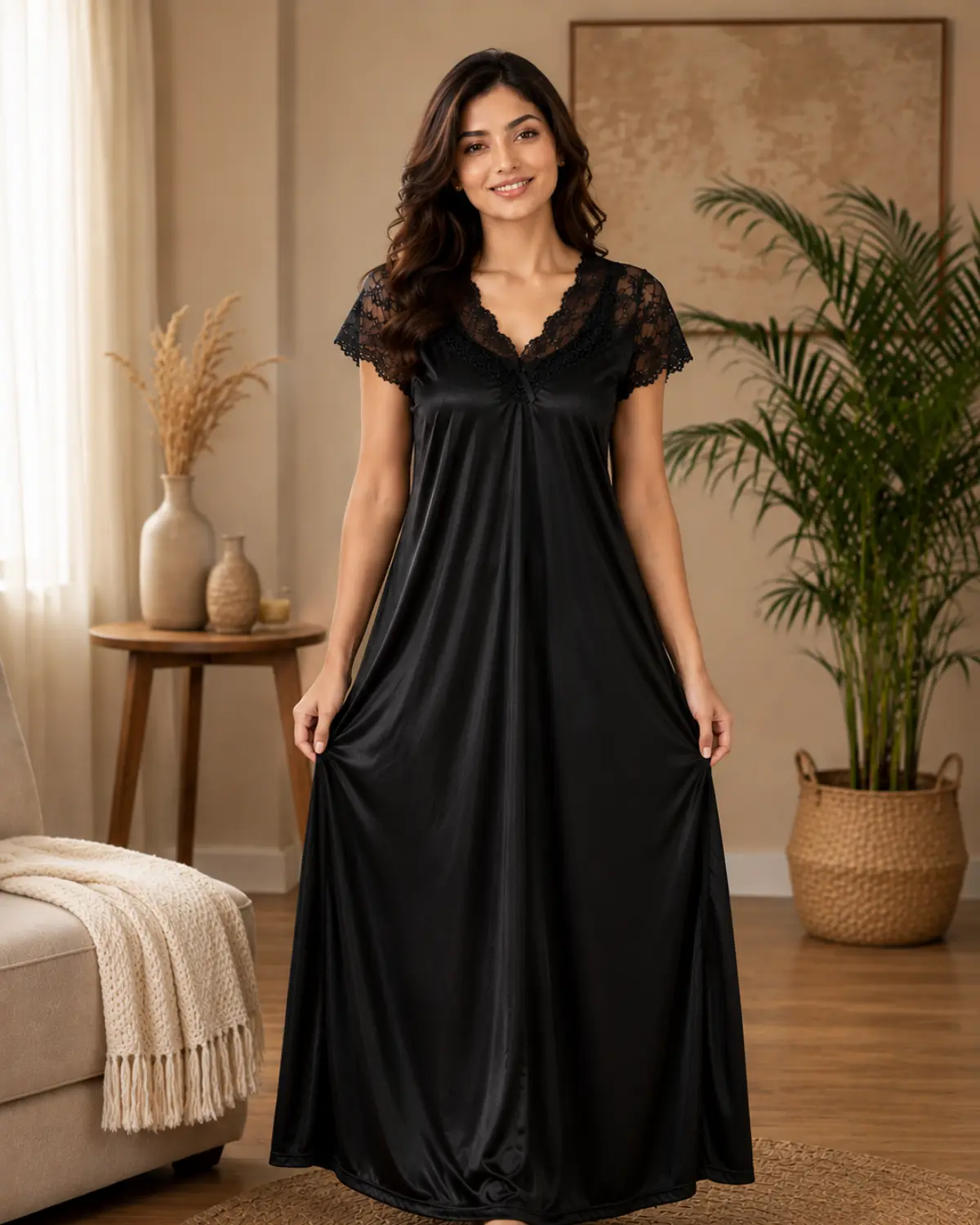 black satin lace maxi nighty for ladies