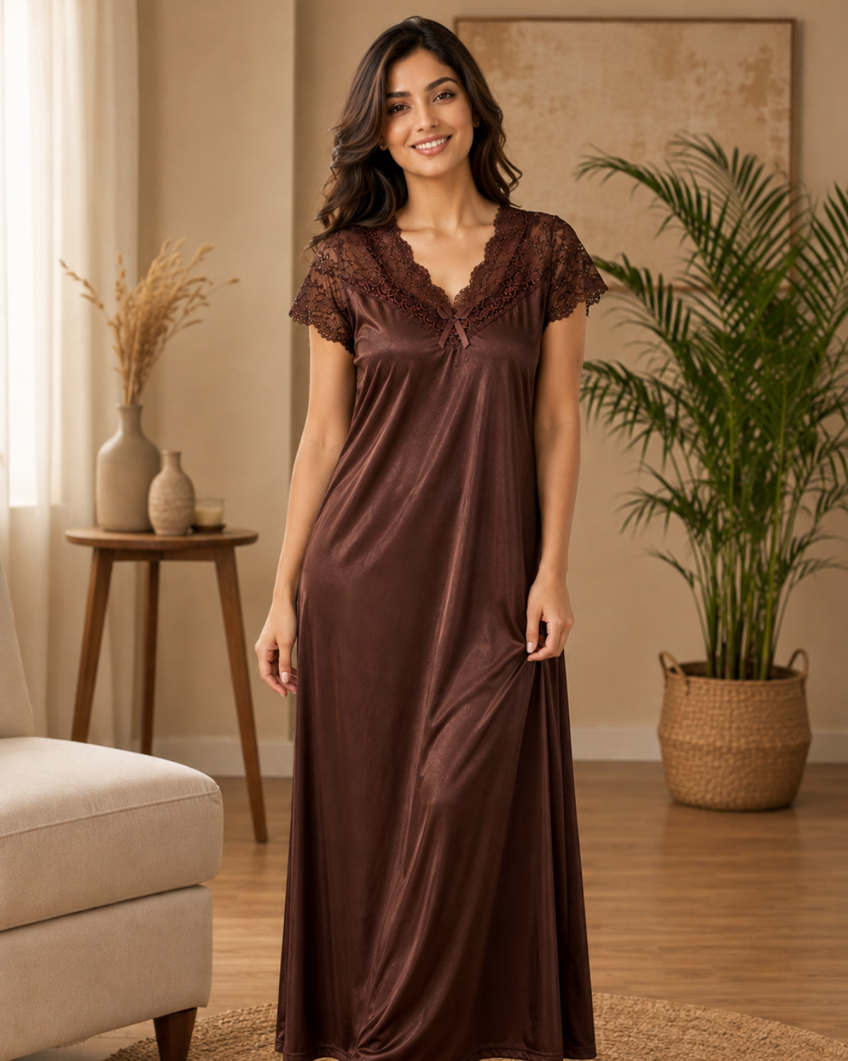 brown satin lace maxi nighty for women