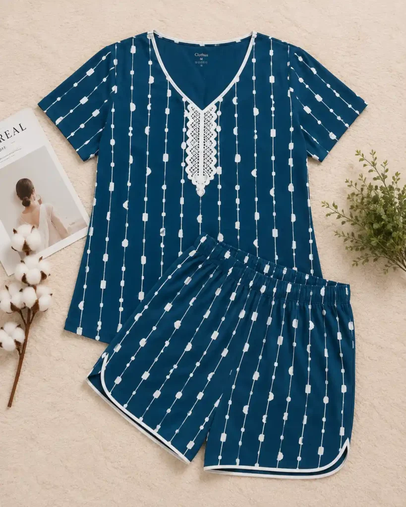 vertical stripe print sarina night suit in blue color