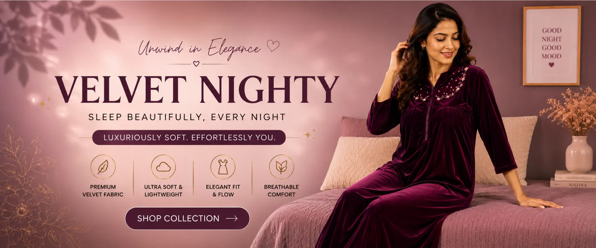 velvet nighty for women in wine color